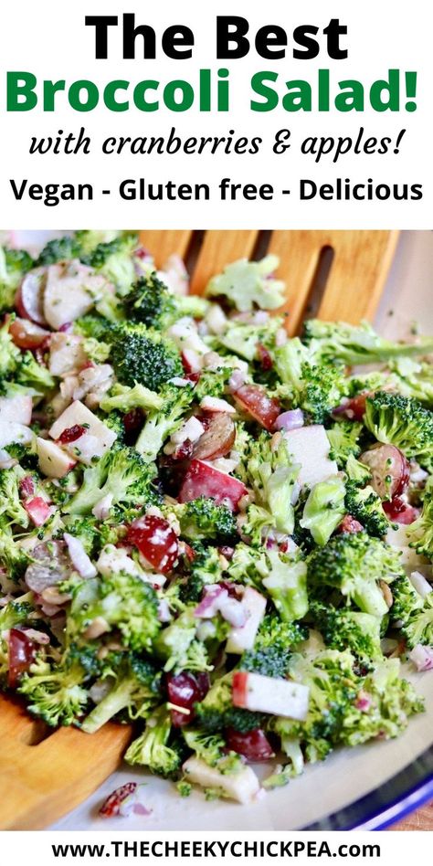 broccoli salad mixed in a bowl with creamy dressing Potluck Dishes Vegan, Gf Df Potluck Ideas, Veggie Dish For Potluck, Vegan Thanksgiving Salad Recipes, Easy Vegan Side Dishes For Potluck, Vegan Apple Salad, Plant Based Potluck Recipes, Vegetarian Recipes For Potluck, Vegan Christmas Salad