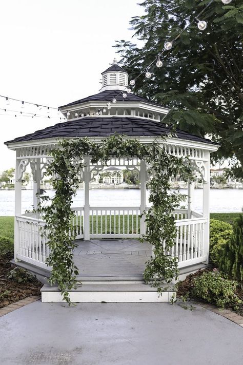 Gazebo Decorating Ideas Wedding, Gazebo Proposal Ideas, White Gazebo Wedding, Wedding Gazebo Decorations Outdoor, Gazebo Wedding Decorations, Greenery Arch, Gazebo Decor, White Gazebo, Wedding Gazebo