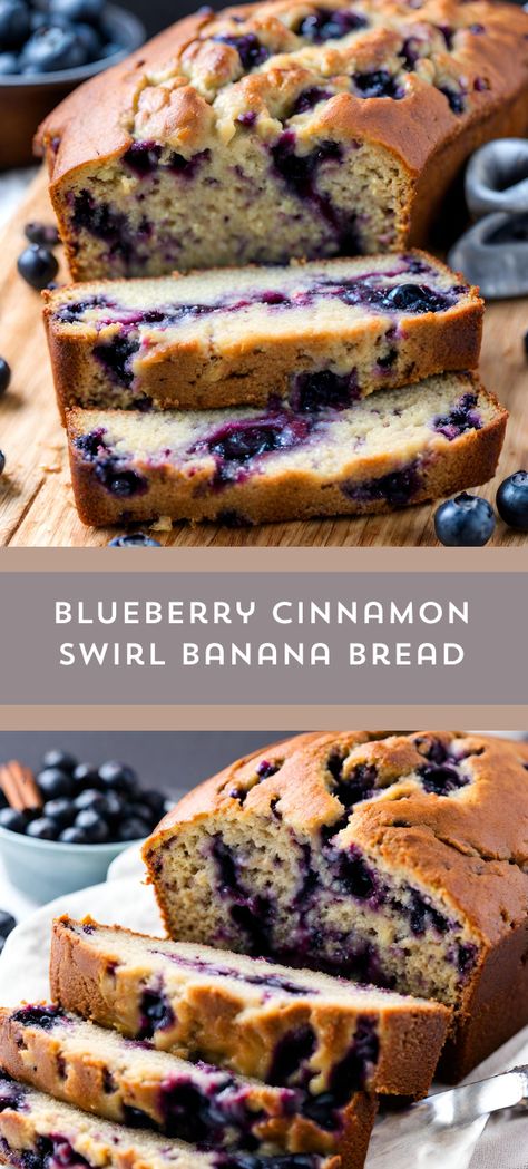 Indulge in a slice of heavenly Blueberry Cinnamon Swirl Banana Bread! 🍌💙 Moist, fluffy, and bursting with blueberries, this bread is a delightful treat for any occasion. Perfectly marbled with cinnamon goodness, it's a must-try recipe! #BananaBread #Blueberry #CinnamonSwirl #BakingDelight #myskinnyrecipes  🍞😋. Blueberry Pumpkin Bread, Blueberry Bread Recipe Moist, Blueberry Bread Easy, Moist Blueberry Bread, Blueberry Swirl Bread, Banana Blueberry Bread Recipe, Blueberry Banana Loaf, Banana Blueberry Bread Recipe Moist, Banana Bread Recipe With Blueberries