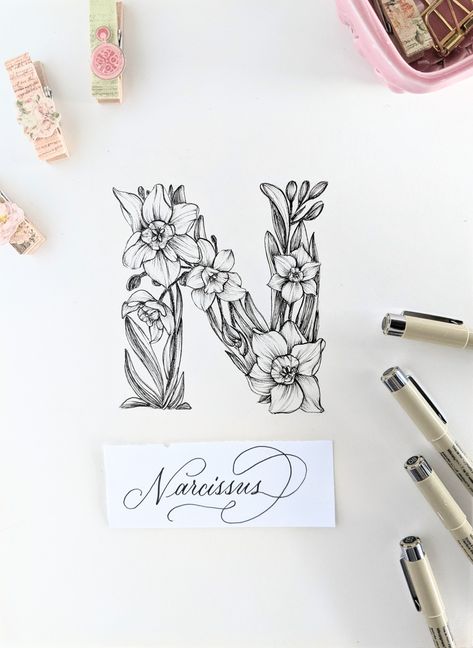 N Letter Calligraphy, Letter With Flowers Drawing, Flower Font Alphabet Floral Letters, N Letter Drawing, Flower Letters Drawing, Floral Letter Tattoo, Letter N Drawing, Floral Alphabet Letters Flower, Drawing Daffodils