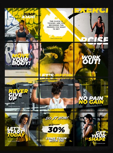 Fitness Instagram Puzzle Template PSD Fitness Graphic Design, Media Design Graphics, Fitness Graphics, Fitness Social Media, Sports Social Media, Ig Design, Instagram Puzzle Template, Sports Design Ideas, Puzzle Template