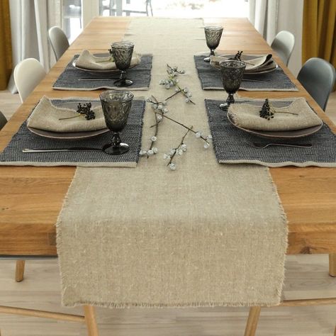 Rustic Linen Table Runner in Natural Hand Made With Fringes - Etsy UK Linen Textiles, Linen Runner, Rustic Table Runners, Table Cloth Decorations, Tafel Decor, Dining Table Runners, Runner Table, Table Runner And Placemats, Wooden Dining Tables