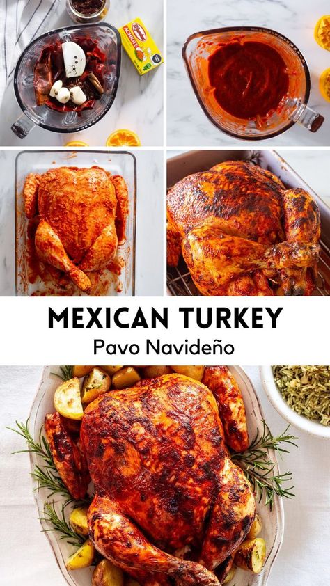 A collage with 5 photos of the preparation of Mexican turkey Pavo Navideño. Alton Brown Turkey Recipe, Mexican Style Turkey Recipes, Xmas Turkey Recipes, Al Pastor Turkey Recipe, Turkey Al Pastor, Turkey Christmas Recipes, Spicy Thanksgiving Turkey, 10lb Turkey Recipe, Turkey For Thanksgiving Recipe