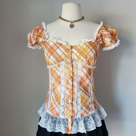 Liz Lisa Coquette Checkered Orange Milkmaid Shirt ❧... - Depop Milkmaid Shirt, Orange Coquette, German Style, Orange Outfit, Liz Lisa, Summer Camp, Style Board, White Lace, Lace Trim