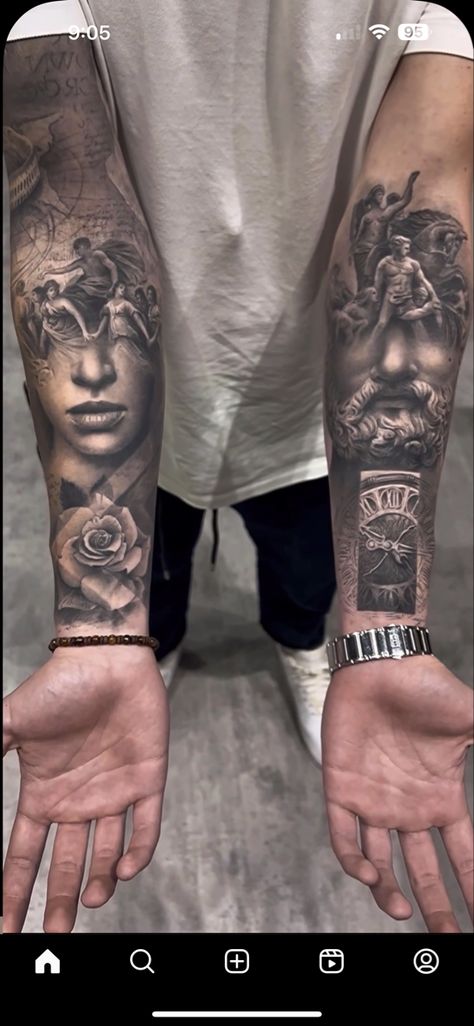 Goddess Leg Sleeve Tattoo, Gemini Tattoo Men, Poseidon Tattoo Sleeve, Arm Tattoo Realistic, Arm Tattoos For Guys Forearm, Greek God Tattoo, Roman Tattoo, Unique Tattoos For Men, Torso Tattoos