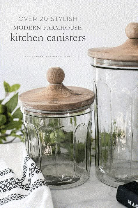 A collection of over 20 stylish kitchen canisters for your modern farmhouse or industrial kitchen that you'll love seeing on the counter. #kitchencanisters #modernfarmhouse #farmhousekitchen #glasscanisters #andersonandgrant Oil Canister Kitchen, Modern Farmhouse Kitchen Canisters, White Kitchen Canisters On Counter, Farmhouse Counter Decor, Farmhouse Kitchen Countertop Decor Ideas, Flour Jars On Counter, Flour Canister Ideas, Kitchen Cannister Ideas, Canisters For Kitchen Display