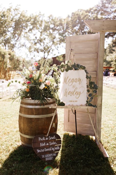 Wedding Alter Wine Barrels, Outdoor Wedding Welcome Area, Wedding Welcome Sign Wine Barrel, Barrels Wedding Decorations, Rustic Outdoor Wedding Aisle Ideas, Wedding Ceremony Doors Entrance, Whiskey Barrel Wedding Decor Entrance, Wedding Aisle Entrance Decor, Bourbon Barrel Wedding Decor