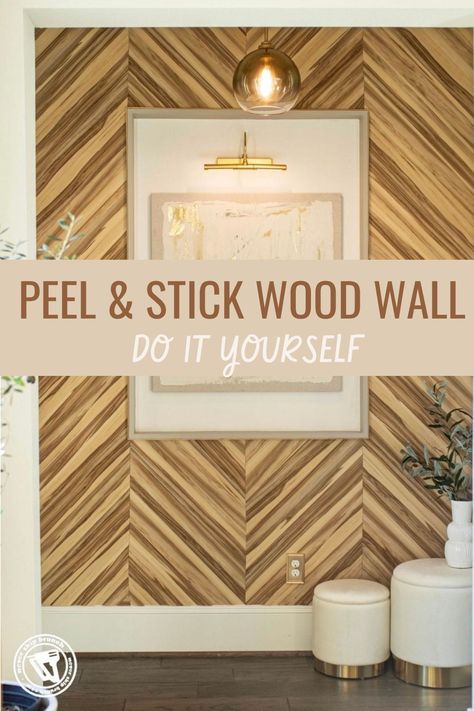 How gorgeous is this accent wall?! You can make a modern wood plank wall super easily using peel & stick vinyl plank flooring. For this project, I cut the vinyl planks using just scissors and because they stick directly to the wall, you can diy this project with no studs or power tools. Adhesive Wall Panels, Vinyl Plank On Wall, Peel And Stick Plank Wall, Stick On Wood Panels, Faux Wood Wall Panels, Peel And Stick Wood Panels, Peel And Stick Wall Moulding Ideas, Easy Diy Wood Accent Wall, Stickwood Ideas Accent Walls