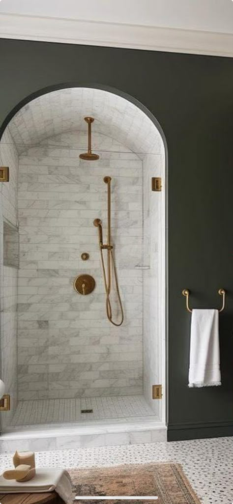 Arch Window In Bathroom, Tile Shower Alcove, Arched Shower Ceiling, Arched Shower Opening Small Bathroom, Arch Window Bathroom, Craftsman Style Bathrooms Master Suite, Shower With Standing Tub Inside, Arched Shower Entrance, Modern Shower With Bench