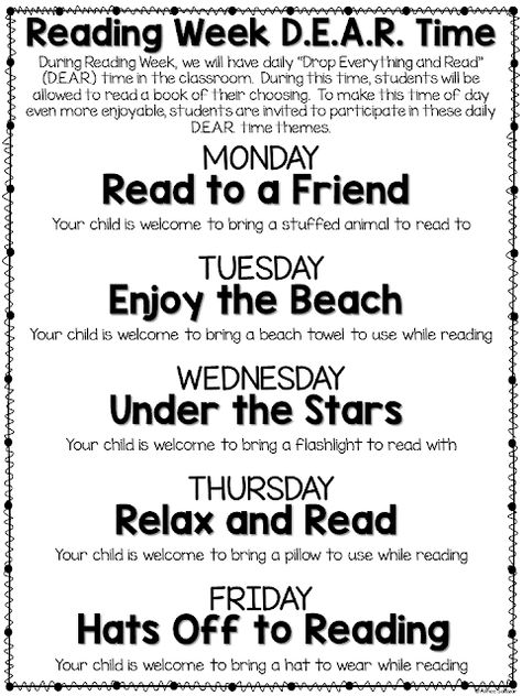 Dear Time Reading, Read Across America Week Activities, Reading Week Ideas, March Reading Month, Lesson Plans For Preschool, Spirit Weeks, Reading Rules, Literacy Week, Drop Everything And Read