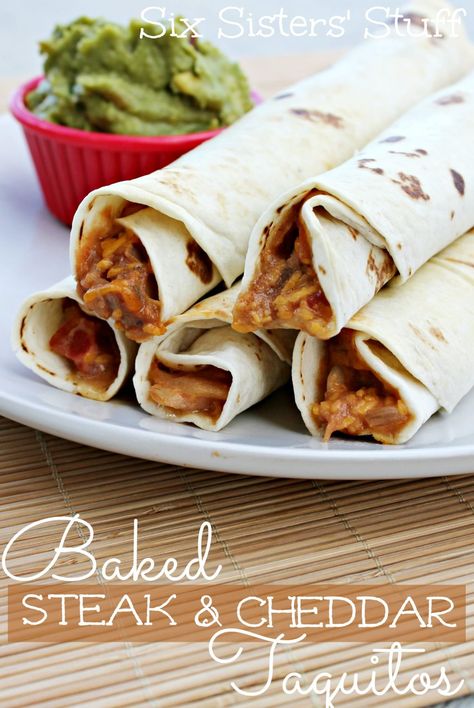 Baked Steak and Cheddar Taquitos | Six Sisters' Stuff Steak Taquitos, Oven Baked Steak, Baked Steak, Easy Steak Recipes, Six Sisters Stuff, Easy Steak, Left Over, Beef Dishes, Mexican Dishes