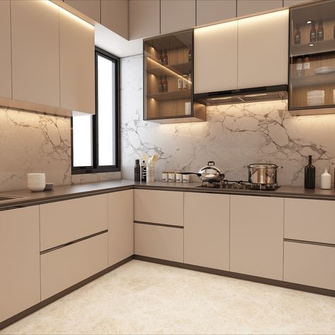 beige theme kitchen Luxury Beige Kitchen, Kitchen Ideas Beige, Beige Cabinets Kitchen, Tan Kitchen Cabinets, Beige Kitchens, Latest Modular Kitchen Design, Single Wall Kitchen, Colour Kitchen, Modular Kitchen Ideas