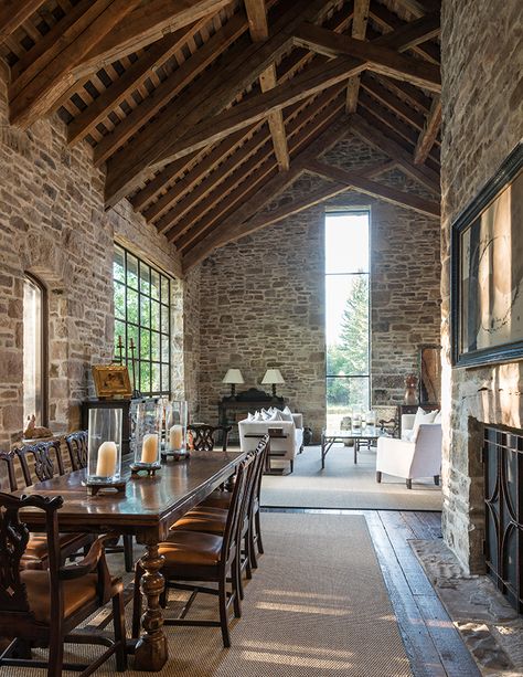 An 1890s Dairy Barn, Rebuilt - Mountain Living Wood Apartment, Stone Interior, European Home, Open Living Area, Stone Barns, Rustic Stone, Mountain Living, Timber House, Mediterranean Home