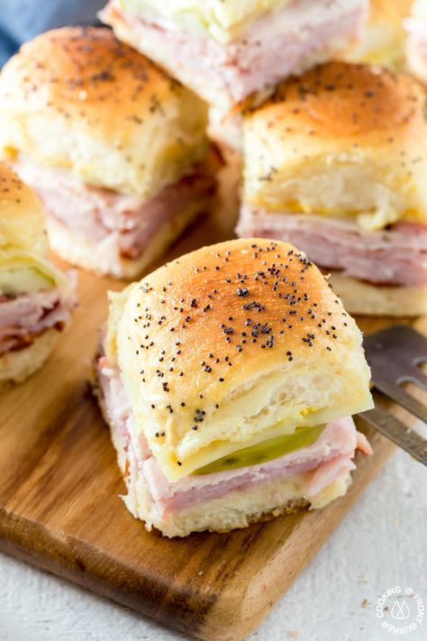 Ham Swiss Sliders Hawaiian Rolls, Pickle Sliders, Game Time Food, Cuban Sliders, Patty Melt Recipe, Ham And Swiss Sliders, Cheese Pickles, Ham Cheese Sliders, Ham Sliders