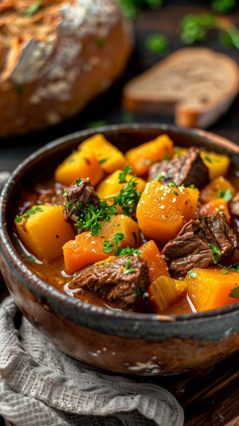 Butternut Squash Beef Stew - Frau Virtin Autumn Stew Recipes, Butternut Squash Crockpot, Stew With Butternut Squash, Beef And Butternut Squash, Pumpkin Beef Stew, Beef Shank Stew, Fall Stew, Butternut Squash Sausage, Squash Stew