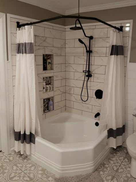 Corner Jacuzzi Tub Shower Combo, Small Bathroom Ideas Separate Shower And Bath, Small Bathroom Angled Ceiling, Neo Angle Shower Curtain Rod, Corner Tub Shower Combo Master Bath, Corner Tub And Shower Combo, Small Corner Tub Shower Combo, Shower Remodel Mobile Home, Diy Corner Shower Ideas