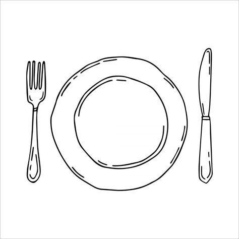 Dinner Plate Tattoo, Knife And Fork Illustration, Skillet Drawing, Table Setting Drawing, Fork Tattoo, Fork Illustration, Fork Drawing, Plate Tattoo, Montessori Placemat