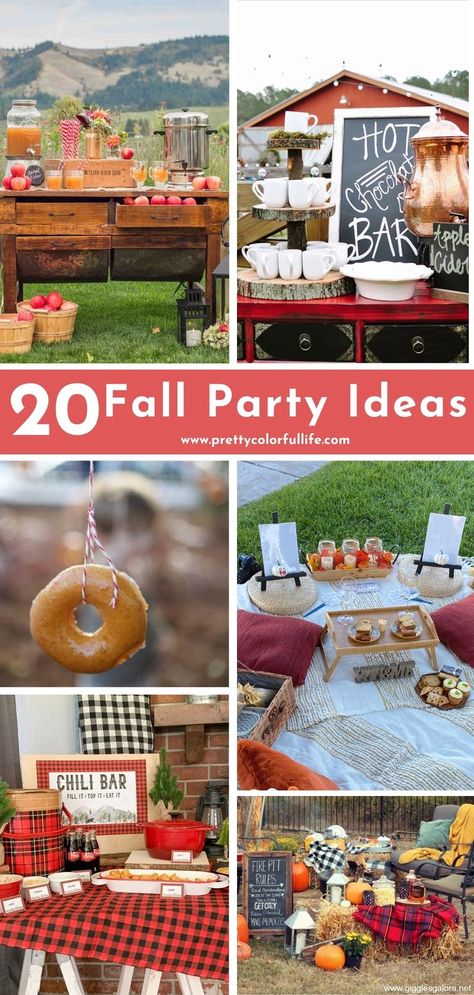 Host a fall-themed party for your family and friends with my selection of fall party ideas for adults. Transform your backyard into a fall harvest party with autumn party decorations such as hay bales, pumpkin decor, and a popcorn bar. Plan a fall picnic for your birthday with my list of fun fall birthday party ideas for women. Click the link for more fall backyard party inspiration. Family Harvest Party, Fall Farm Party Ideas, Neighborhood Fall Block Party, Fall Activities For Adults Party Ideas, Fall Parties For Kids, Fall Hayride Party Ideas, Fall Festival Table Ideas, Fall Pig Roast Party, Fall Festival Ideas For Work