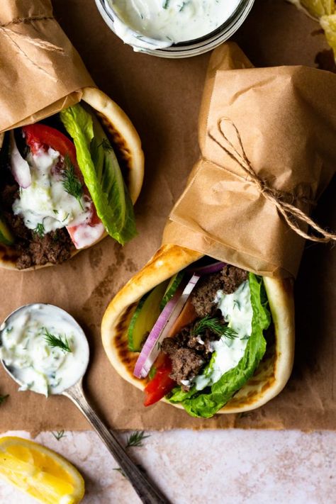 Easy Ground Beef Gyros with Tzatziki Sauce - Modern Farmhouse Eats Ground Beef Gyros Recipe, Tzatziki Sauce Easy, Gyros With Tzatziki Sauce, Beef Gyros, Beef Gyro, Gyro Recipe, Homemade Tzatziki Sauce, Easy Ground Beef, Homemade Tzatziki