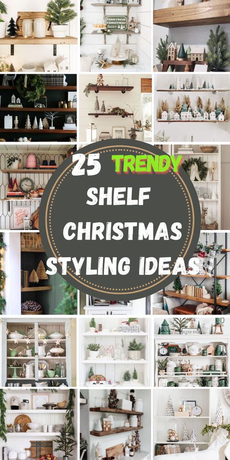 Elevate your holiday decor with Christmas Shelf Styling Ideas! 🎄✨ Combine festive greenery, candles, and ornaments for a balanced look. Add personal touches like seasonal books or mini wreaths to complete the charm! 🌟🕯️ #ChristmasShelves #HolidayStyling #FestiveDecor Christmas Decor Display Ideas, Winter Shelf Decor Living Rooms, Christmas Ledge Decorating Ideas, Mini Shelf Decor Ideas, Winter Shelf Decor Ideas, How To Style A Shelf, Christmas Decor Bookshelves, Shelves Christmas Decor, Christmas Vignettes Display