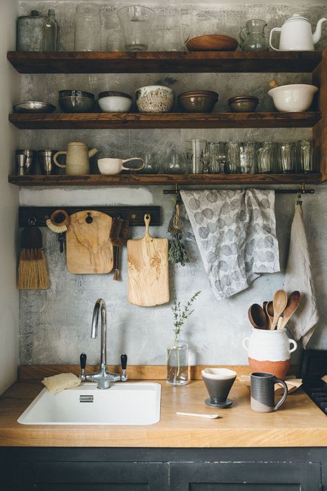 Selected pieces made from natural materials in our rustic handmade kitchen. Natural Materials Kitchen, Natural Material Kitchen, Cabin Shelving, Kitchen Hooks Ideas, Natural Materials Interior, Kitchen Wood Shelves, Vintage Rustic Kitchen, Rustic Kitchen Shelves, Rustic Farmhouse Furniture