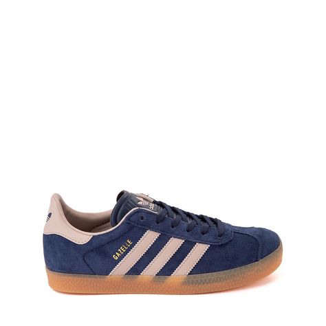 adidas Gazelle Athletic Shoe - Big Kid - Navy / Taupe | Journeys Gazelle Adidas Women, Navy Gazelle Adidas Outfit, Blue Gazelle Adidas Outfit, Navy Gazelle, Adidas Gazelle Navy, Gazelles Adidas, Addias Shoes, Blue Adidas Gazelle, Adidas Gazelle Blue