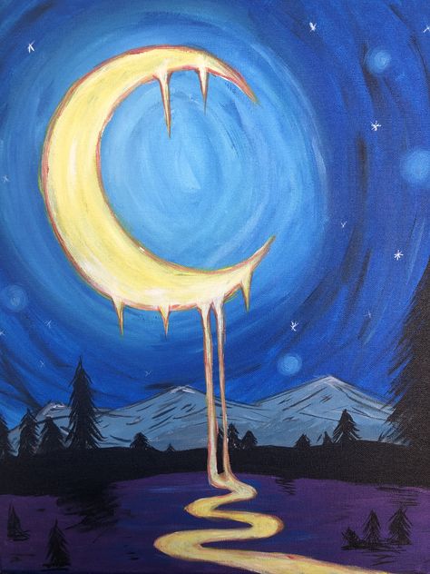 A little painting I decided to try myself that I saw on Pinterest! ❤️ Surreal Moon Art, Serialism Paintings, Melting Moon Painting, Easy Painting Ideas On Canvas Night Sky, Symbolic Paintings Ideas, Easy Weird Paintings, Surreal Art Easy, Dreamscape Drawing, Opposite Art Ideas