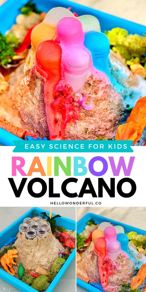 Science Experiments Volcano, Toddler Volcano Experiment, Rainbow Volcano Science Experiments, Preschool Volcano Experiment, Kids Volcano Projects, Homemade Volcano Projects, Make A Volcano Kids, Underwater Volcano Experiment, Baking Soda Volcano For Kids