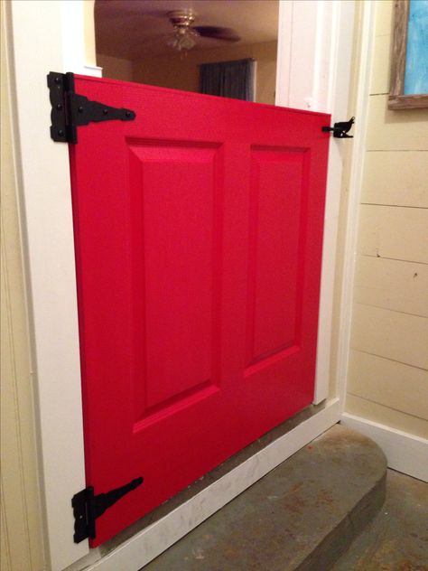 Dutch door/half door. No more baby gate! #dutchdoor #reddoor #DIY Half Door Gate, Stair Bannisters, Stair Door, Door Stairs, Diy Dog Gate, Infant Bed, Diy Baby Gate, Dog Gates, Kitchen Floor Tiles Ideas