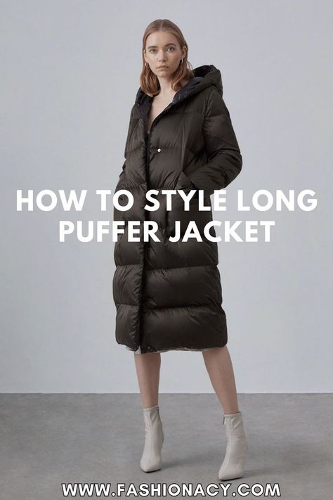 How to Style Long Puffer Jacket Long Black Parka Outfit, Puffer Jacket And Dress Outfit, Styling Long Puffer Jacket, Style Long Puffer Jacket, Puffer Jacket With Belt Outfit, Long Pink Puffer Jacket Outfit, How To Style A Black Puffer Jacket, Down Jacket Outfit Women, Long Black Puffer Jacket