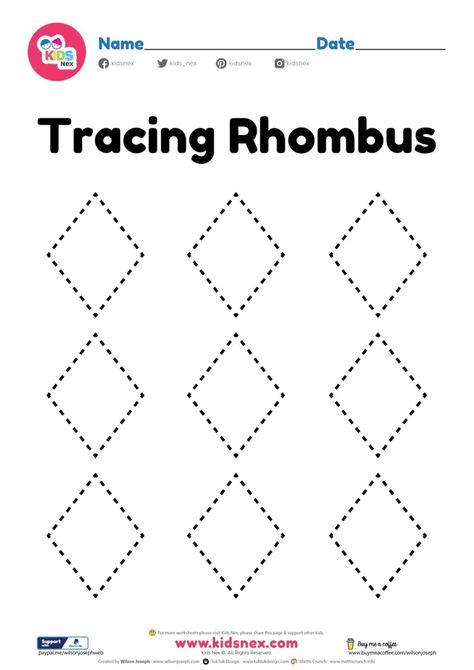 Rhombus shape worksheet tracing for preschool and kindergarten | Wilson Joseph Pencil Skills, Shape Worksheets For Preschool, Shapes Worksheet Kindergarten, Preschool Pictures, Shape Activities Preschool, Shape Tracing Worksheets, Preschool Tracing, Shapes Preschool, Shapes Worksheets