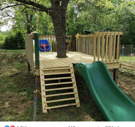 Outside Tree Decor, Small Diy Playground, Backyard Tree Decorating Ideas, Platform Play Area, Fort Around Tree, Tree Fort Around Tree, Play Yard Toddler Bed, Kids Outdoor Play Area Ideas Playground Design, Backyard Playground Ideas Diy