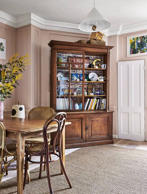 Petite Friture’s ‘Cherry’ pendant hangs from the central light fitting. Modern White Sideboard, Breakfast Decor, Pink Interiors, Cherry Pendant, Pink Ground, Flat House, Pink Rooms, Choosing Paint Colours, Paint And Paper Library