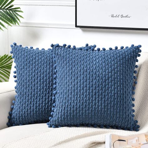 Fancy Homi Set of 2 Dusty Blue Decorative Throw Pillow Covers 18x18 Inch with Pom-poms for Couch Bed Sofa, Rustic Farmhouse Boho Home Decor, Soft Plush Corduroy Cute Cushion Case 45x45 cm Cute Cushions, Modern Pillow Covers, Farmhouse Boho, Garden Pillows, 16x16 Pillow Cover, Modern Pillows, 20x20 Pillow Covers, Boho Home Decor, Unique Pillows