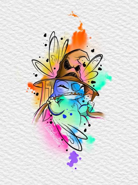 Stitch Disney Tattoo, Watercolor Art Tattoo, Drawing Ideas Stitch, Stitch Tattoo Design, Watercolor Stitch, Stitch Tattoo Ideas, Watercolor Tattoo Design, Disney Watercolor Tattoo, Stitch Watercolor