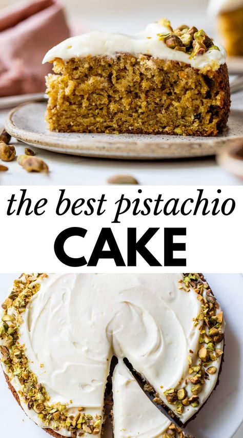 This Pistachio Cake is nothing short of perfection! Made with real pistachios and without food coloring, then topped with a mascarpone frosting and extra pistachios, it's an easy one-layer cake that you'll want to make for every special occasion! Pistachio Cake Recipe From Scratch, Css Ideas, Pistachio Recipes Desserts, Lemon Pistachio Cake, Chai Recipes, Pistachio Cake Recipe, Pistachio Dessert, Pistachio Recipes, Mascarpone Frosting