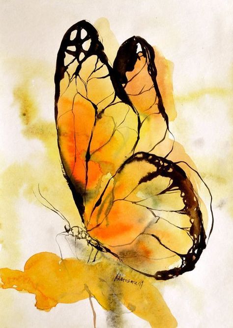 강아지 그림, Seni Cat Air, 수채화 그림, Lukisan Cat Air, Butterfly Painting, Yellow Butterfly, Watercolor Inspiration, Butterfly Art, Watercolor Animals