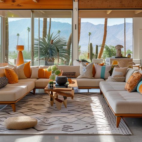 Sia's Signature Style Palm Springs Living Room Midcentury Modern, Palm Springs House Interior, Palm Springs Mid Century Modern Interior, Palm Springs Style Interior, Palm Springs Home Decor, Palm Springs Living Room, 70s Style Home, Palm Springs Interior Design, Palm Springs Interior