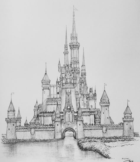 Sketch Of Castle, Fantasy Castle Sketch, Castle Architecture Drawing, Disney Castle Sketch, Old Castle Drawing, Castle Drawing Sketches, Fantasy Castle Drawing, Castle Line Art, Disney Castle Drawing