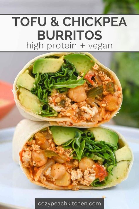 This high-protein vegan tofu burrito features seasoned and simmered tofu with chickpeas. The tofu filling and burritos are versatile and make great freezer burritos! Tofu Burrito, Seasoned Tofu, Vegan Burritos, Freezer Burritos, Burrito Recipes, Vegetarian Burrito, Vegetarian Taco, Vegan Casserole, Meal Prep For Beginners