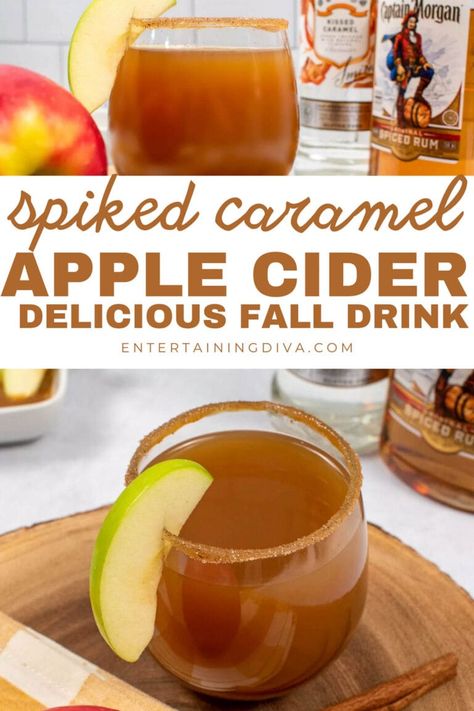 Booze Apple Cider, Alcoholic Cider Drinks, Fall Drinks With Spiced Rum, Best Spiked Apple Cider Recipe, Caramel Apple Cider Cocktail Recipes, Alcohol Apple Cider Drinks, Halloween Drinks Apple Cider, Cider With Alcohol, Apple Cider And Spiced Rum