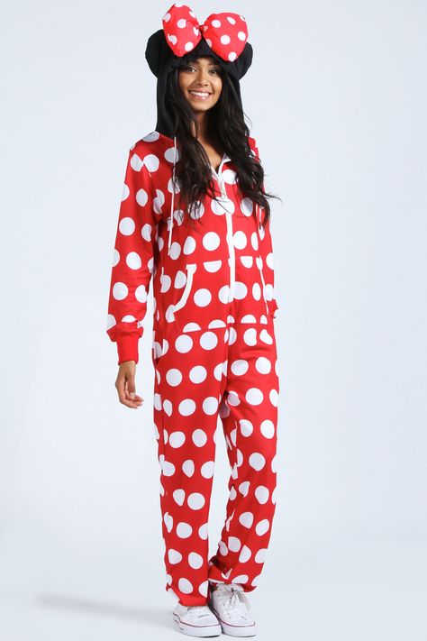 Nicola Polka Dot Large Bow Mouse Animal Onesie at boohoo.com Onesies Halloween, Onesies For Women, Disney Pjs, Minnie Mouse Onesie, Disney Gear, Cute Onesies, Animal Onesie, Halloween Onesie, Disney Pajamas