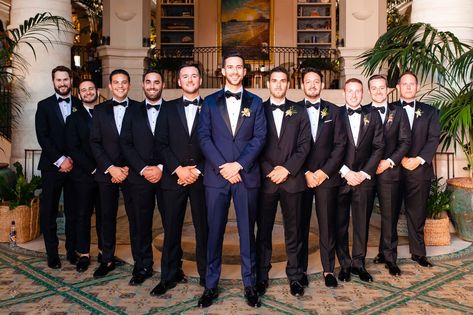 Groomsmen Blue Tuxedo, Navy Groom Tuxedo Wedding, Navy Blue Tuxedos Wedding, Navy And Black Groom, Groom Navy Groomsmen Black, Blue Groom Black Groomsmen, Blue Suit Groom Black Suit Groomsmen, Wedding Tuxedo For Groomsmen, Groomsmen Poses With Groom