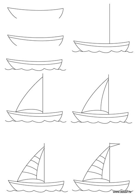 How to draw a sailboat, step-by-step. (Click to enlarge, then shrink-to-fit 85% to fit on one page.) (art, kids, drawing lesson) Easy Sail Boat Drawing, Drawing Boats Step By Step, Draw A Boat Easy, Boat Simple Drawing, How To Draw Boats Step By Step, How To Draw Boats, Simple Sail Boat Drawing, How To Draw A Boat Step By Step, Simple Sailboat Drawing