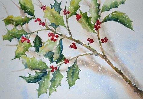 Brandy new watercolor!  https://www.etsy.com/listing/119024488/art-fine-art-holly-in-the-snow Evergreen Decor, Winter Landscape Art, Poster Christmas, Holiday Artwork, Landscape Art Print, Calla Lilies, Holly Berries, Snow Scenes, Watercolor Wall Art