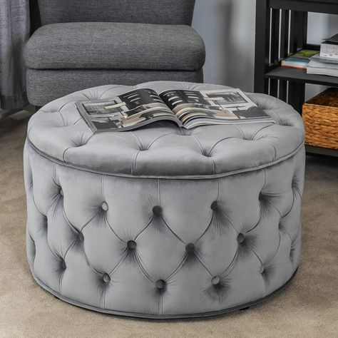 Homebeez Velvet Round Storage Ottoman, Button-Tufted Footrest Stool Bench, Upholstered Coffee Side Table (Grey) #CuteGiftIdeas #Gift #StorageBench Traditional Coffee Table, Round Storage Ottoman, Storing Blankets, Velvet Ottoman, Tufted Ottoman, Round Storage, Round Ottoman, Velvet Armchair, Upholstered Storage