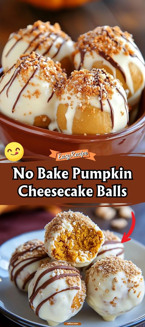 Enjoy the rich flavors of fall without the oven with our No Bake Pumpkin Cheesecake Balls. These creamy, dreamy delights are coated in graham cracker crumbs for the perfect bite-sized treat. #PumpkinCheesecake #NoBakeDessert #FallTreats Pumpkin Delights Recipe, Pumpkin Spice Balls No Bake, Cheesecake Balls No Bake Easy Recipes, Pumpkin Cheesecake No Bake Balls, Pumpkin Cheesecake Cake Pops, Easy No Bake Pumpkin Desserts, Pumpkin Oreo Balls, Pumpkin Mini Cheesecakes, Pumpkin Desserts No Bake