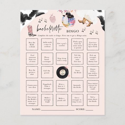 Cowgirl Games For Adults, Cowgirl Party Games, Bachelorette Crafts, Bachelorette Bingo, Bachelorette Card, Disco Cowgirl Bachelorette, Free Bingo Cards, Bachelorette Inspo, Cheesy Lines