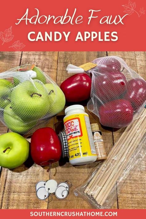 Diy Faux Candy Apples, Diy Fake Candy Apples, Decorative Candy Apples, Diy Candy Apples How To Make, Faux Foods Diy, Diy Faux Food, Diy Candy Corn Decor, Apple Decorations For Fall, Faux Candy Apples