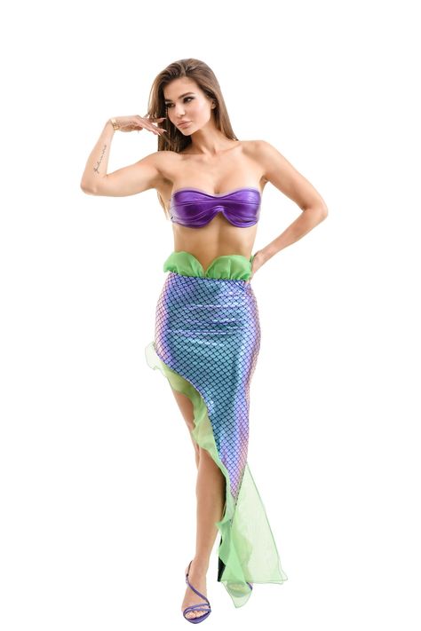 PRICES MAY VARY. 2-Piece Set: Package includes 1 x Bra, 1x Skirt Material: This set of costume is made out of 84% Polyester 16% Spandex. The high quality fabric is soft, stretchy and comfortable for wearing for a night out. Features : The bra top is made out of metallic fabric for extra shine, with detailed chiffon lining. The skirt has an asymmetrical design for easy mobility. It is made out of shinny metallic fabric and green ruffles, to imitate the scales and movement of a mermaid tail. Size Little Mermaid Adult Costume, Hot Mermaid Costume, Mermaid Costume For Women, Ariel Mermaid Tail, Mermaid Top Costume, Mermaid Costume Women, Adult Mermaid Costume, Little Mermaid Costume, Ariel Mermaid